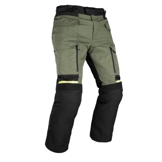 Waterproof textile pants in olive green with black and neon yellow accents, featuring multiple pockets and a durable design, available in size 4XL.