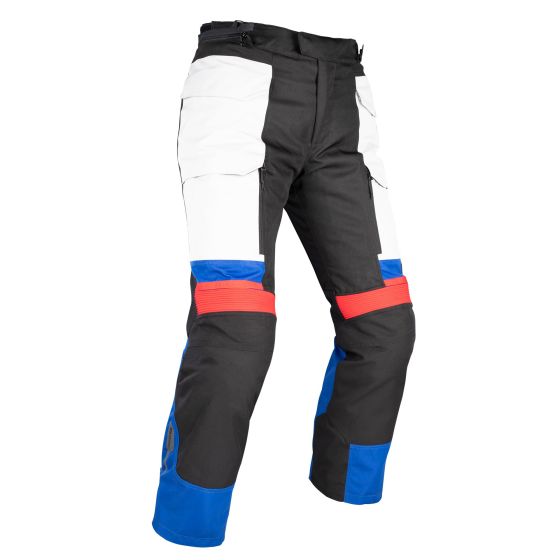 Oxford Rockland Motorcycle Trousers in Arctic Black and Red, featuring a durable fabric, multiple pockets, and bold color accents in blue and red for visibility and style.