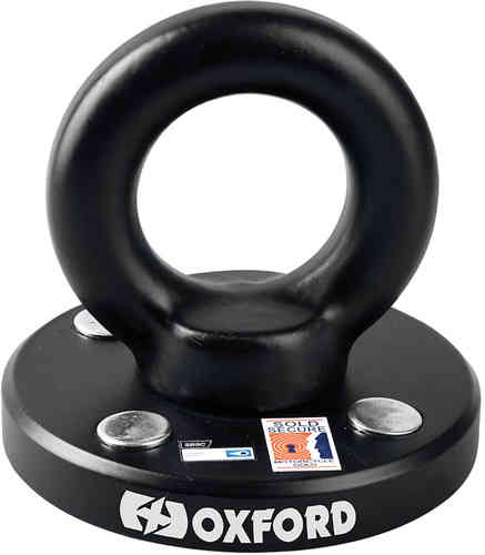 Black metal immobilizer with a circular base and a prominent round ring at the top, featuring silver screws and an Oxford logo on the side.