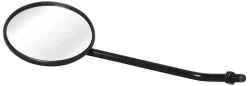 Round, convex mirror with a black metal frame and a long, angled black arm for mounting, designed for enhanced visibility.