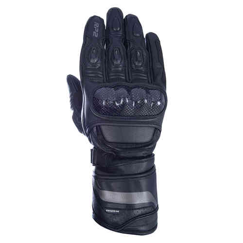 Black leather motorcycle gloves featuring reinforced knuckles, mesh panels for ventilation, and a secure wrist strap, designed for sports riding in size 2XL.