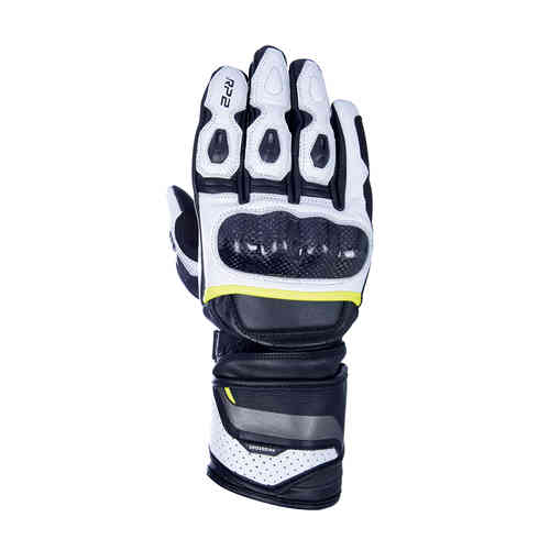 Black and white leather motorcycle gloves with fluo yellow accents, featuring reinforced knuckles, breathable mesh panels, and a secure wrist closure for enhanced protection.