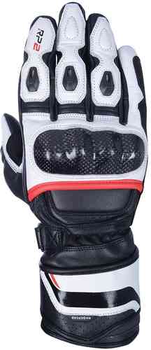 Black leather motorcycle gloves with white and red accents, featuring protective knuckle armor, reinforced palms, and adjustable wrist straps for a secure fit.