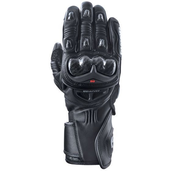 Black leather motorcycle gloves with reinforced knuckles, carbon fiber accents, and adjustable wrist straps, designed for long rides and enhanced protection.