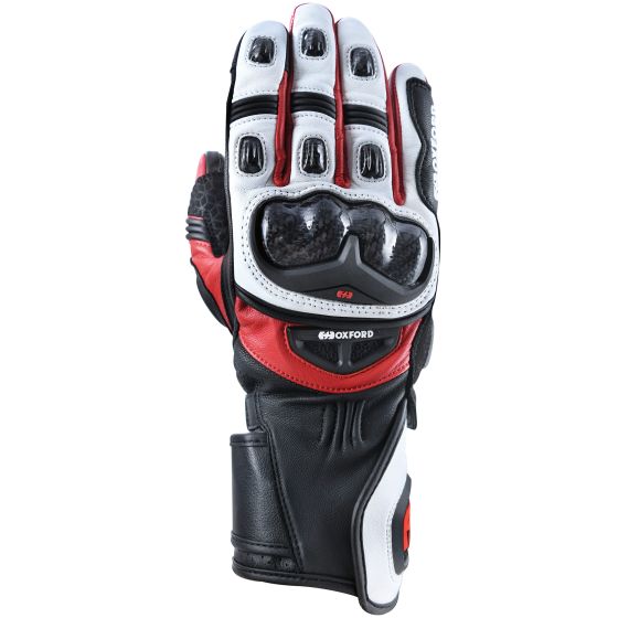 Black, white, and red Oxford RP-2R long motorcycle gloves in size 3XL, featuring protective knuckles, leather material, and reinforced palm for enhanced grip and safety.