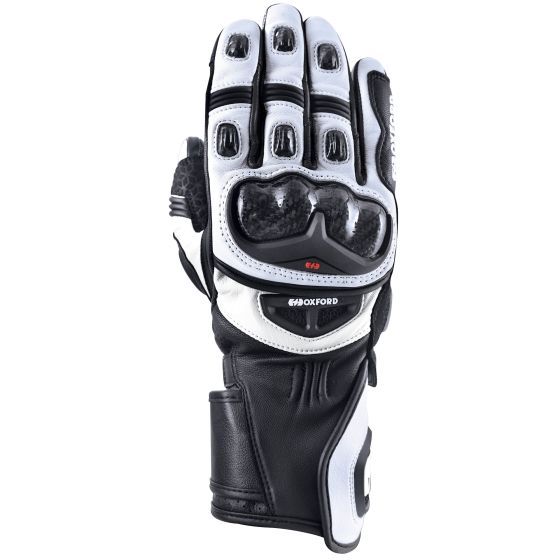 Black and white long motorcycle gloves featuring knuckle protection, padded palms, and a secure wrist closure, designed for durability and comfort on the road.