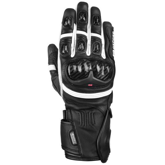 Black and white waterproof leather motorcycle gloves featuring carbon knuckle protection, padded palm, and adjustable wrist strap for a secure fit.