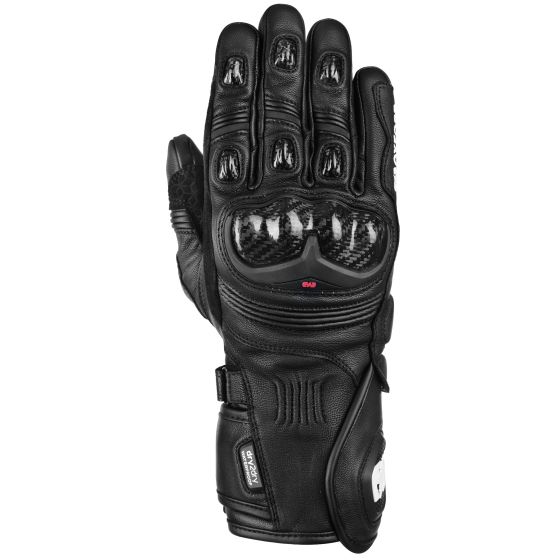 Black waterproof leather motorcycle gloves with carbon knuckle protection, reinforced palm, and adjustable wrist strap, designed for XL size.