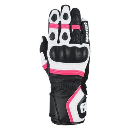 Ladies' leather gloves featuring a combination of white, black, and pink colors, with perforated detailing, padded knuckles, and reinforced palm for added protection.