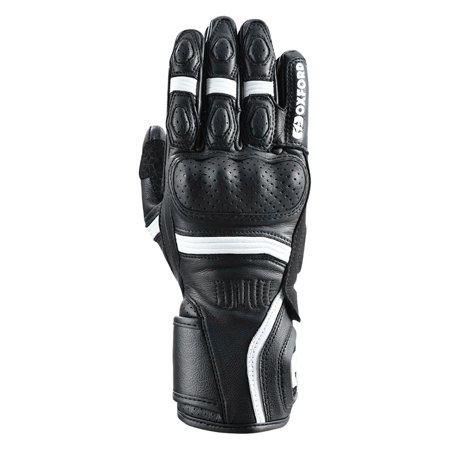 Black and white leather gloves featuring a perforated design, knuckle protection, and reinforced palm, designed for ladies by Oxford.