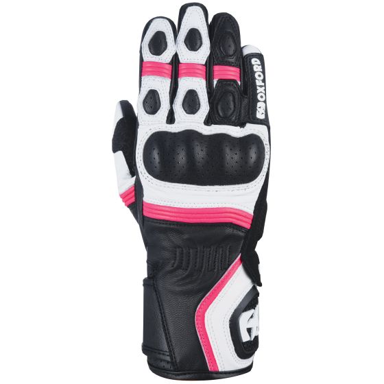 Ladies' leather gloves in white, black, and pink, featuring a sleek design with perforated sections, padded knuckles, and a secure wrist closure, ideal for riding.