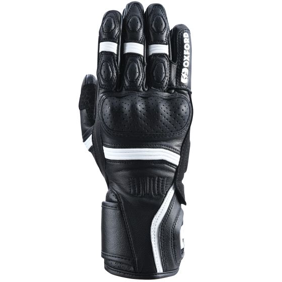 Black and white leather gloves with perforated detailing, padded knuckles, and a secure wrist closure, designed for ladies in size XS by Oxford.