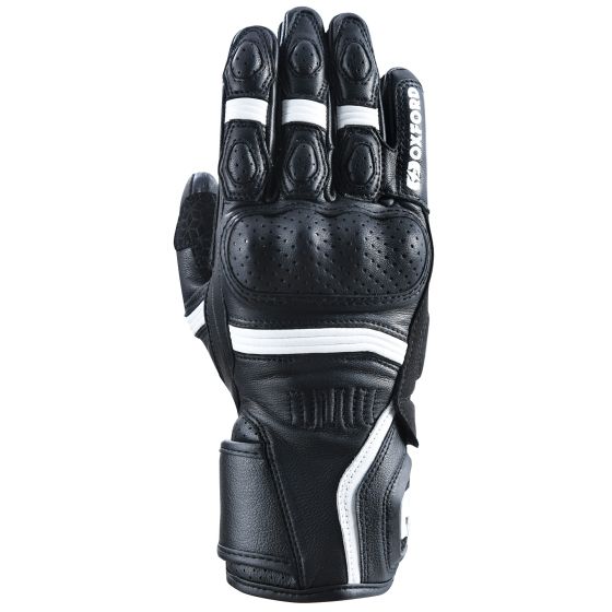 Black and white long motorcycle gloves with perforated leather, padded knuckles, and a secure wrist strap, designed for enhanced protection and comfort in size 3XL.