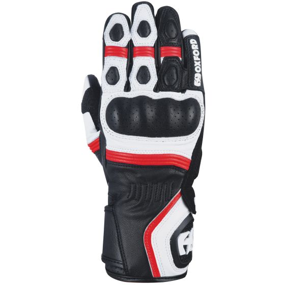 Long motorcycle gloves in black, white, and red featuring padded knuckles, perforated leather for ventilation, and a secure wrist closure, designed for comfort and protection.