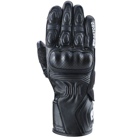 Black leather gloves with padded knuckles, perforated sections for breathability, and a secure wrist closure, labeled "Oxford" and sized XL.