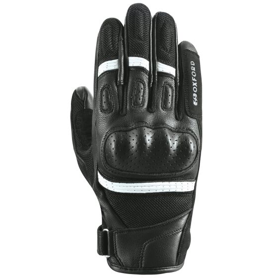 Black and white Oxford RP-6S gloves in size M, featuring a leather palm, padded knuckles, perforated design for breathability, and adjustable wrist strap.