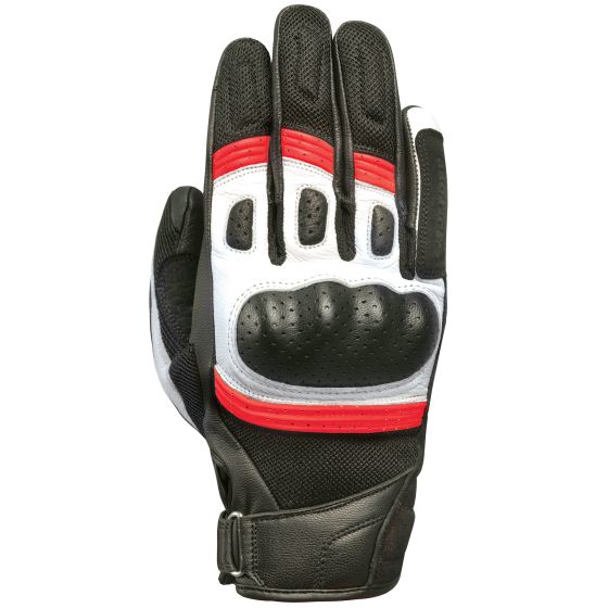 Black, white, and red motorcycle gloves featuring a padded knuckle area, perforated material for ventilation, and an adjustable wrist strap, designed for comfort and protection.