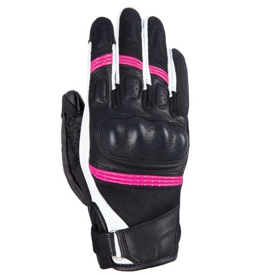 Black leather gloves with white and pink accents, featuring padded knuckles, perforated material for breathability, and an adjustable wrist strap.