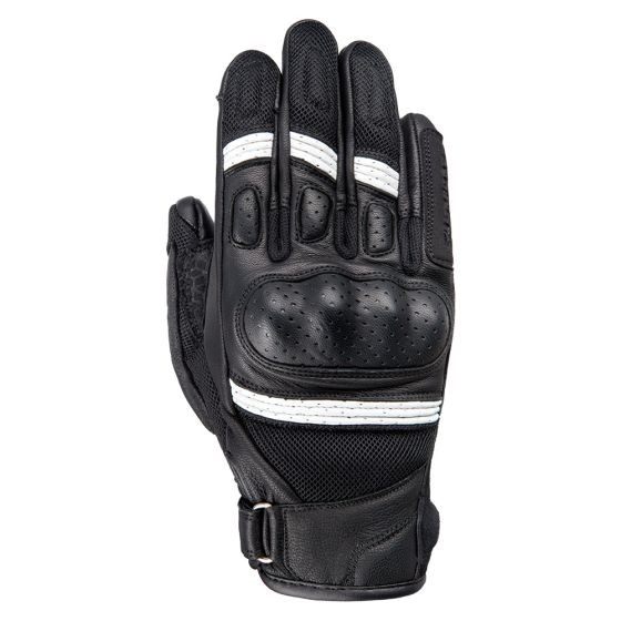 Black leather gloves with white stripes, featuring knuckle protection, perforated panels for breathability, and a secure wrist strap.