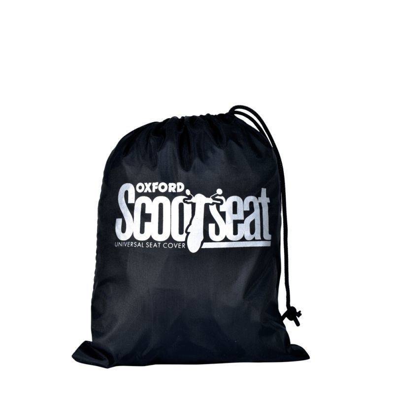Black drawstring bag featuring the white logo "OXFORD Scootseat" for the CV186 Motorcycle Saddle Cover, made from durable material for universal fit.