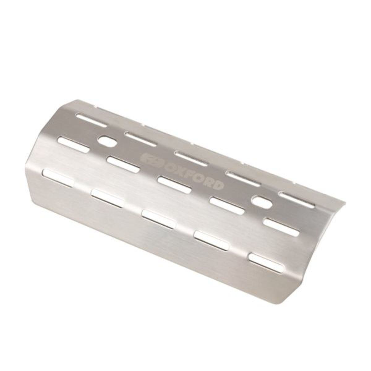 Silver stainless steel exhaust heat shield with a perforated design and the "OXFORD" logo, designed for scrambler motorcycles.