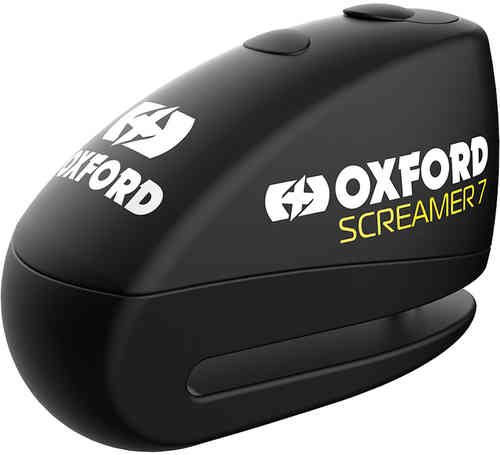 Black motorcycle disc lock with a sleek design, featuring the Oxford logo and "Screamer7" branding, made from durable material for enhanced security.