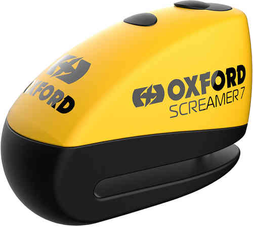 Bright yellow and black Oxford Screamer 7 brake disk lock featuring an integrated alarm, compact design with two buttons, and a sturdy, durable construction for enhanced security.