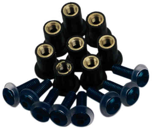 Black replacement screws with gold threaded inserts, featuring a smooth finish and a rounded head, designed for Oxford screen shields.
