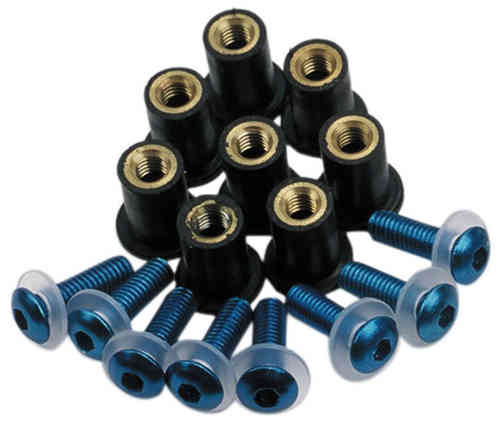 Blue Oxford screen screw kit featuring black rubber grommets and metallic blue screws with rounded heads, designed for secure screen attachment.