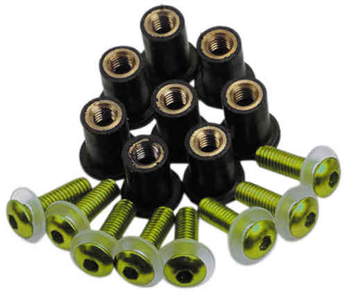 Gold-plated screws and black nylon bushings in a variety of sizes, designed for secure attachment in screen applications.