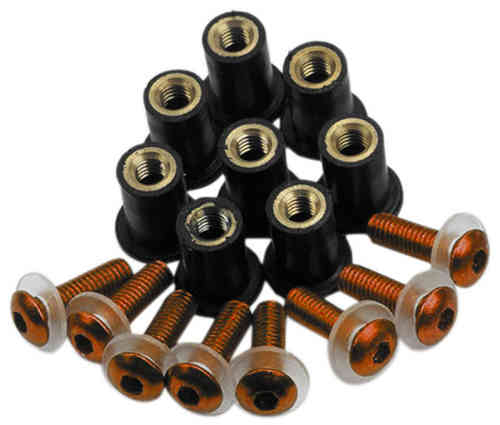Red Oxford Screen Screw Kit featuring black screw anchors with gold threading and orange screws, designed for secure fastening.