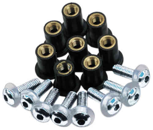 Silver replacement screws with black rubber washers, featuring a shiny finish and a rounded head, designed for Oxford screen shields.