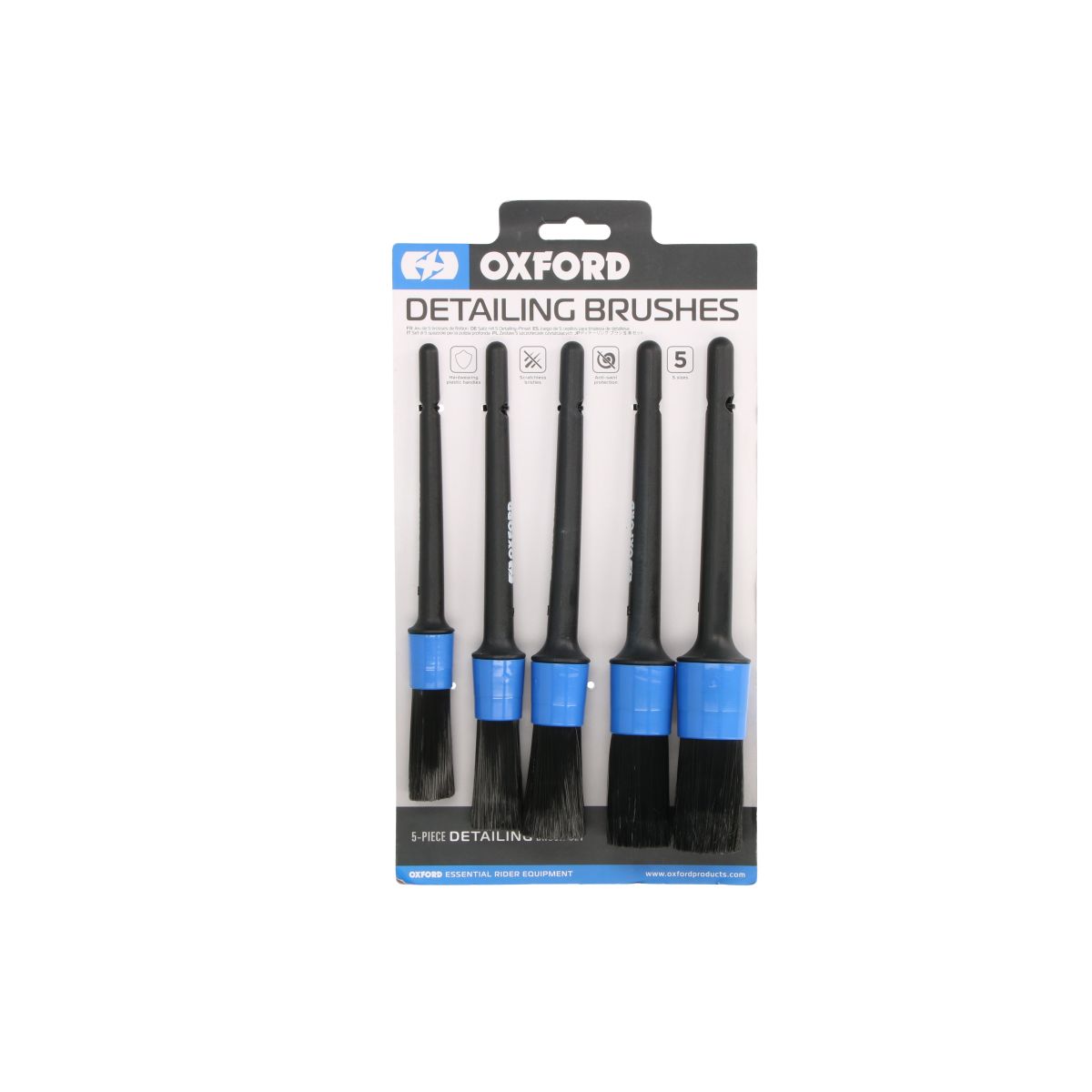 Five-piece cleaning brush set featuring black bristles and blue accents, designed for detailing, with varying brush sizes on a card packaging.