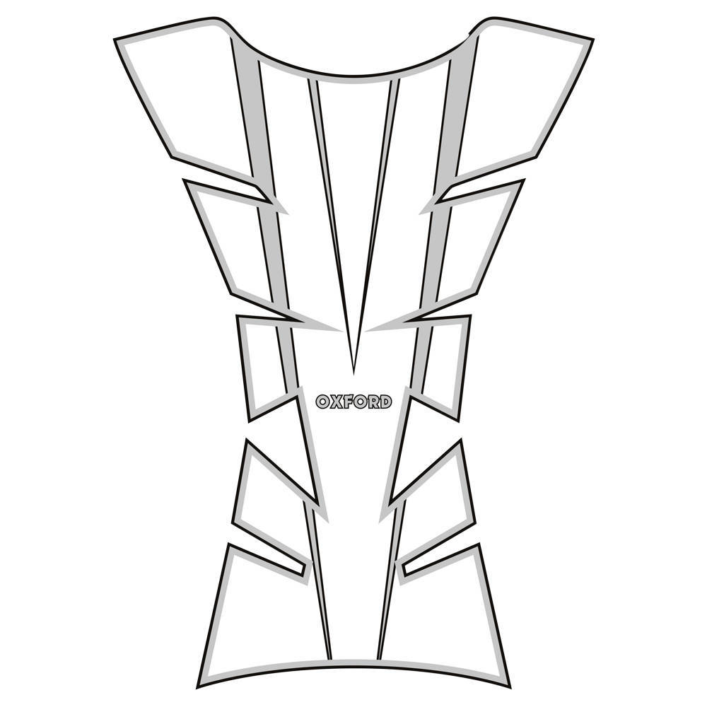 Silver vinyl motorcycle tank pad featuring a sleek arrow design with angular shapes and the "OXFORD" logo at the bottom, designed to protect the tank from scratches.