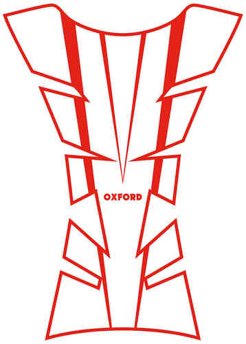 Red vinyl tank pad with an arrow design, featuring sharp angular shapes and the brand name "OXFORD" prominently displayed in the center.