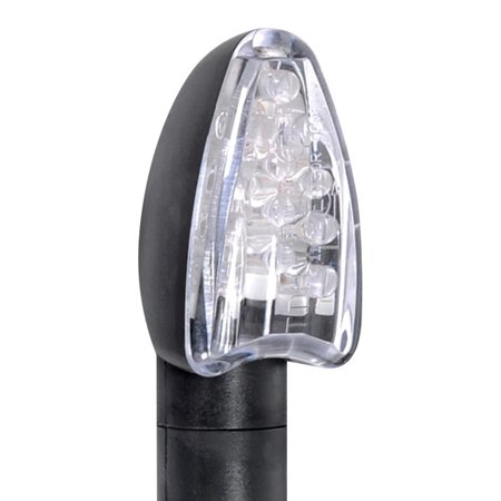 Black motorcycle indicator with a clear, rounded lens featuring multiple LED lights, designed for visibility and durability.