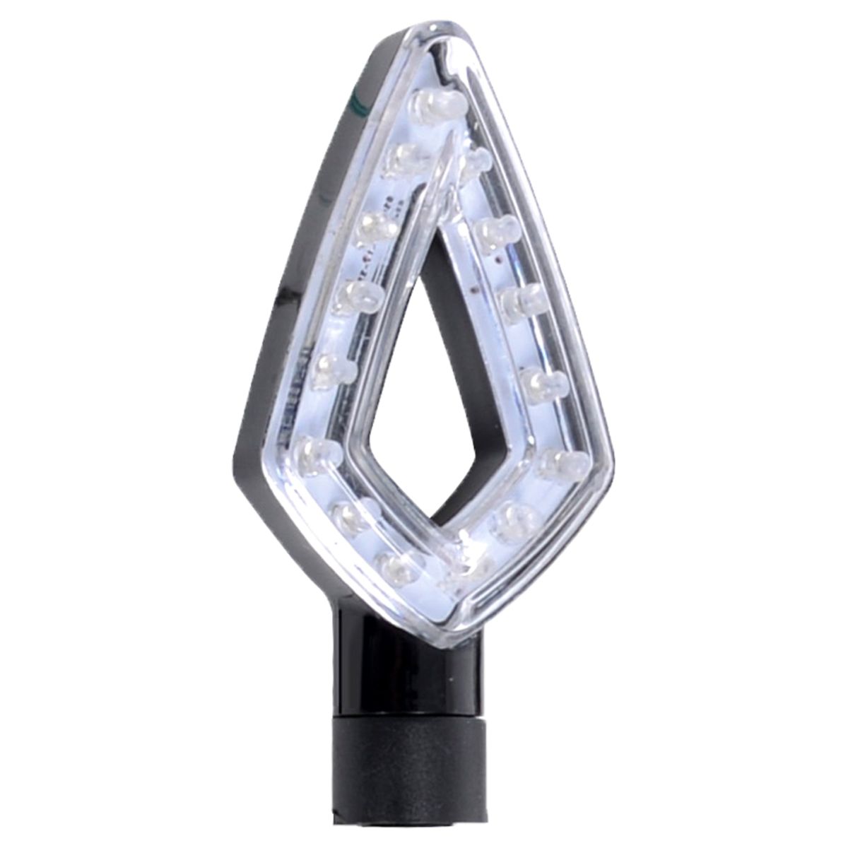 Oxford LED indicators in a sleek, diamond-shaped design with a clear lens and multiple white LEDs, featuring a black base and two included resistors for installation.