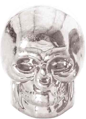 Silver skull-shaped valve cap with a glossy finish, featuring detailed facial features and a smooth surface, designed to add a unique touch to motorcycle wheels.