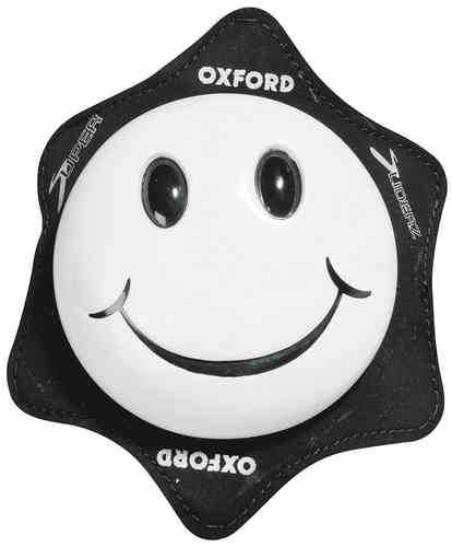 White knee sliders featuring a smiling face design, made from durable material with a black star-shaped backing, branded with "OXFORD" and "SLIDERS."