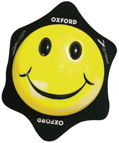Yellow smiley face knee sliders with a glossy finish, featuring black edges and the "Oxford" logo, designed for men’s motorcycle gear.
