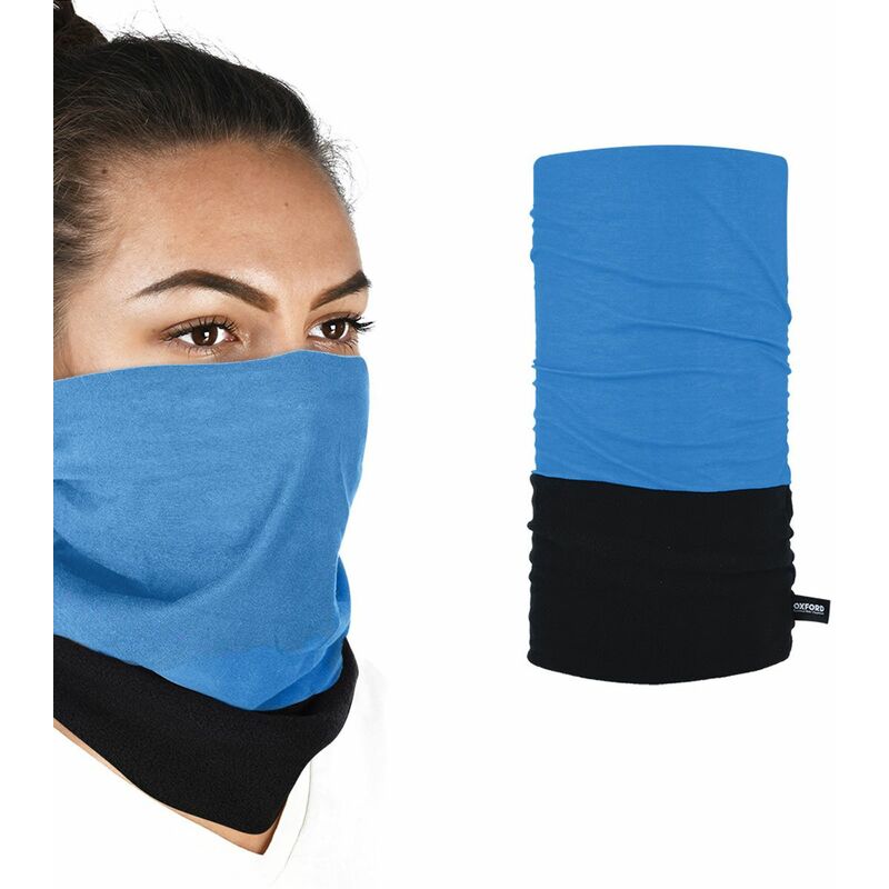 Multifunctional headwear in black and blue, featuring a soft, stretchy fabric, designed to be worn in various styles, shown on a model covering the lower face.