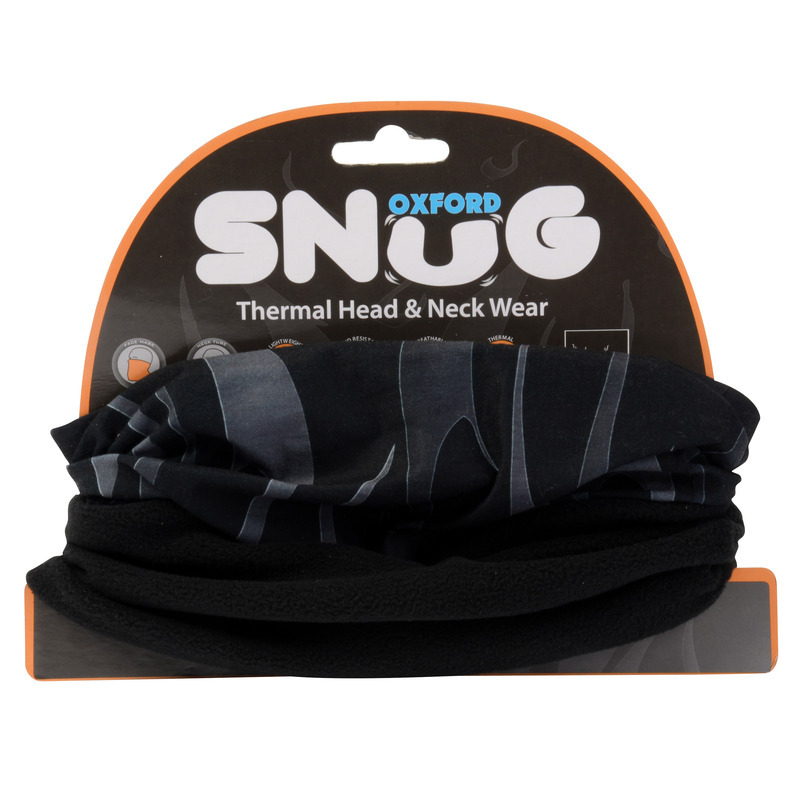 Black thermal head and neck wear with a Gator design, featuring a soft fleece material and a stylish pattern in grey and black, packaged on a branded card.