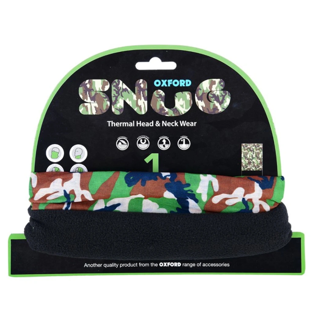 Thermal head and neck wear in camouflage colors of green, brown, and white, with a soft black fleece lining, packaged on a vibrant green and black backing.