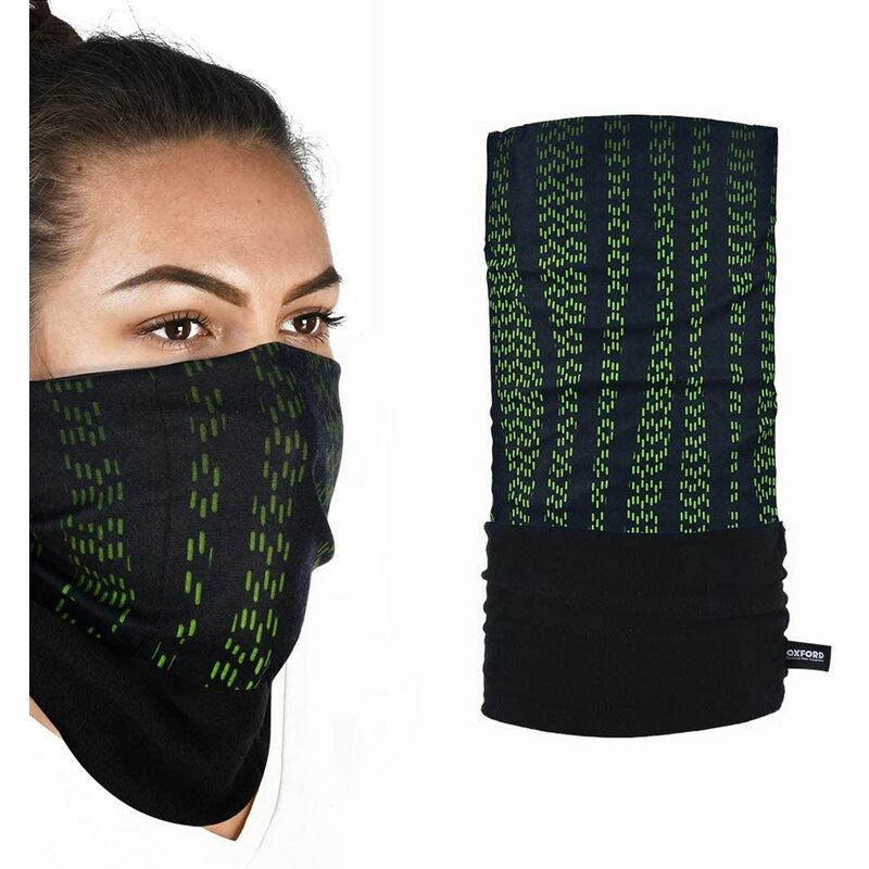 Haste Green thermal neck and headwear by Oxford, featuring a black base with green vertical patterns, made from soft, stretchy material for warmth and comfort.