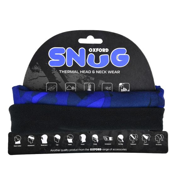Oxford Snug Thermal Neck & Head Wear in Havoc Blue, featuring a soft, stretchy fabric with a bold blue pattern, designed for warmth and comfort in cold weather.