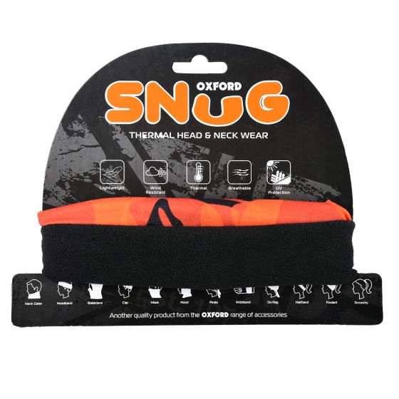 Bright orange thermal neck and head wear with a soft black fleece lining, featuring the "Oxford Snug" logo prominently displayed on the packaging.