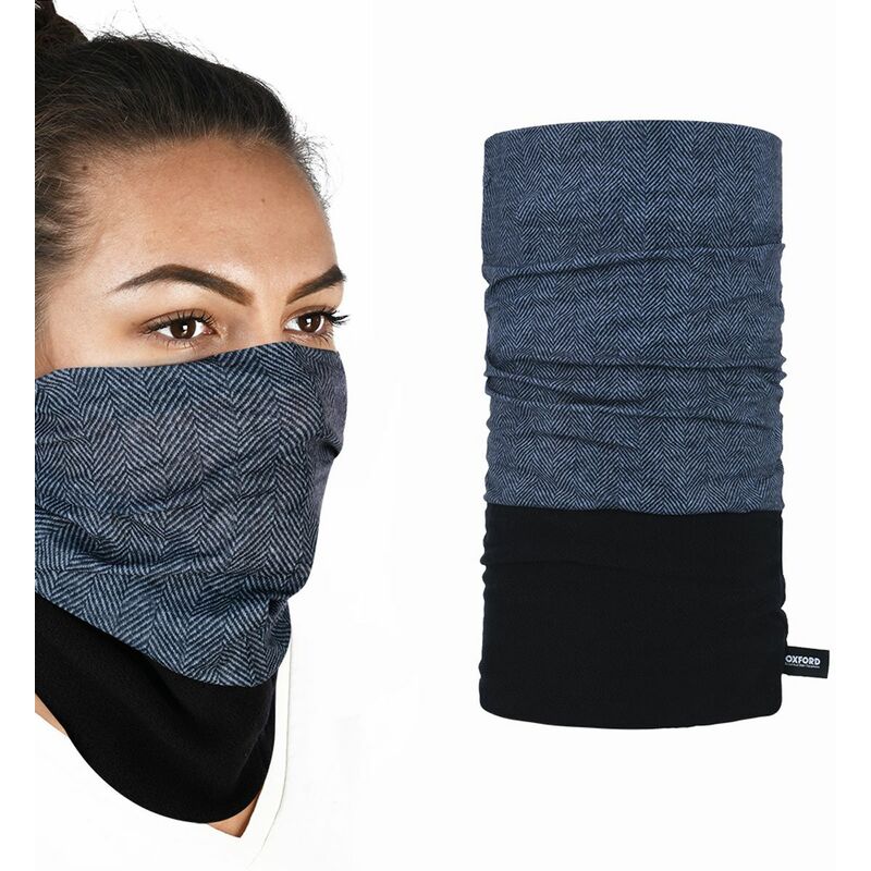 Herringbone-patterned neck warmer in navy and black, made from soft fabric, designed to be worn as a face covering or neck gaiter, featuring a snug fit.
