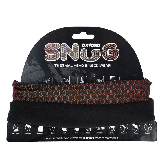 Nacreous orange thermal neck and head wear by Oxford, featuring a honeycomb pattern, soft fleece material, and a black bottom section for added warmth and comfort.
