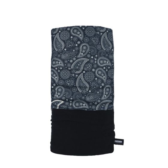 Multifunctional headwear in black and blue paisley pattern, featuring a soft material with a contrasting solid black base, labeled with the Oxford brand tag.