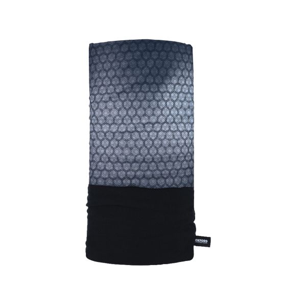 Multifunctional headwear in black and grey, featuring a textured prismatic pattern, made from stretchy material, designed for versatile use, one size fits all.